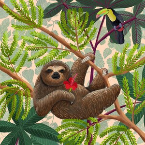 Sloth & Hibiscus PRINT - wildlife animal print, Central and South American rainforest wildlife wall art