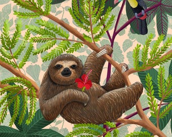 Sloth and Hibiscus Art Print – Rainforest Wildlife Illustration