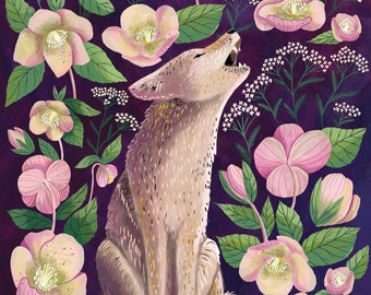Coyote and Hellebores PRINT - wildlife wall art, coyote art print, botanical illustration, folk art, wildlife art, flower wall art