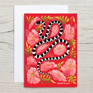 May include: A black and white snake with red poppy flowers on a red background. The snake is curled around the flowers. The text "Renee Thompson" is at the bottom of the image.
