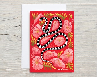 King Snake and Poppies GREETING CARD - flower wall art, floral art print, botanical illustration, folk art, wildlife art