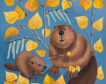 Beaver and Aspen PRINT - wildlife wall art, beaver art print, botanical illustration, folk art, wildlife art