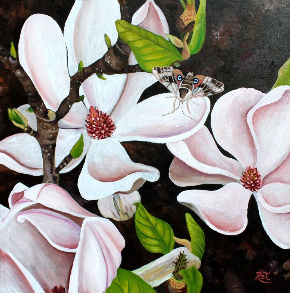 Magnolia Art Magnolia painting Black Pink Green Magnolias & Etsy