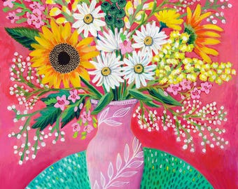 Floral Still Life Art Print – Colorful Flowers in pink pitcher