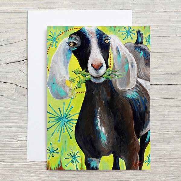 Bright Eyes, GREETING CARD - goat painting, nubian goat, goat art, yellow, green, turquoise, dandelion art
