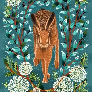 May include: A brown rabbit with long ears walks towards the viewer in front of a blue background with white flowers and green leaves. The artist's signature, Renée Thompson, is at the bottom of the image.