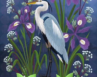 Great Blu Heron with Wildflowers Print – wildlife Illustration