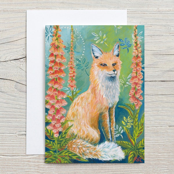 Foxy, GREETING CARD - fox, foxgloves, wildlife, wild flowers, coral, teal, vixen