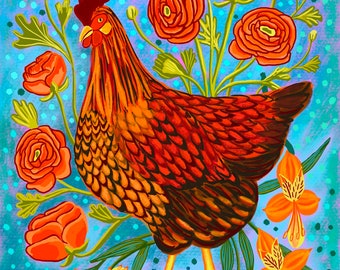 Gold Laced Wyandotte - PRINT - chicken, garden flowers, Ranunculus, alstroemerias, farm life, orange flowers