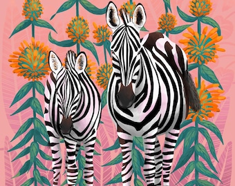 Zebras and Wild Dagga Art Print - African Wildlife Illustration
