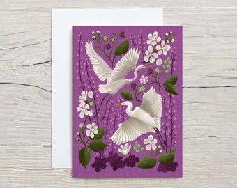 Egret, Blackberries, and Coral Bells GREETING CARD