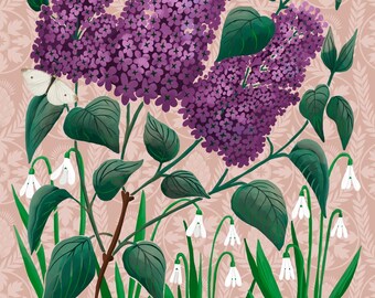 Lilacs and Snowdrops Art Print – Botanical Folk Art Illustration