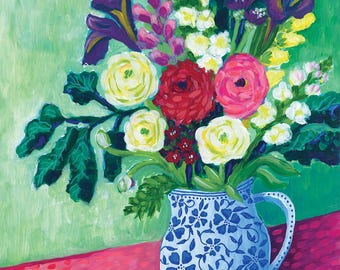 Floral Still Life Art Print – Colorful Flowers in blue and white vase