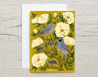 Quail & Matilija Poppies  GREETING CARD - flower wall art, floral art print, botanical illustration, folk art, wildlife art