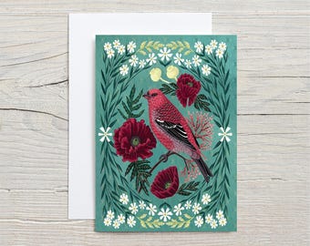 Pine Grosbeak and Poppies GREETING CARD