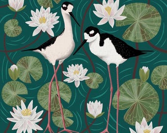 Black-necked Stilt Print – Wildlife Botanical Folk Art Illustration