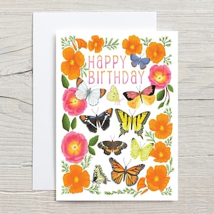 CARTÃO DE FELICITAÇÕES DE BORBOLETA DE ANIVERSÁRIO - cartão de arte de borboleta, impressão de arte floral, arte popular, arte da vida selvagem, papoulas da Califórnia
