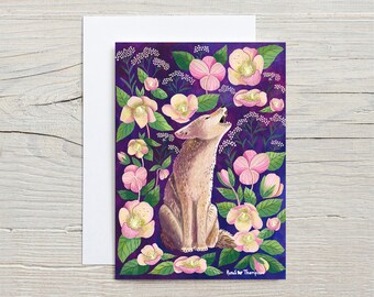 Coyote & Hellebores  GREETING CARD - flower wall art, floral art print, botanical illustration, folk art, wildlife art