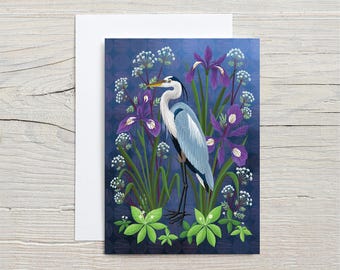 Great Blue Heron, Iris and wild flowers  GREETING CARD