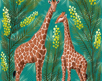 Giraffe and Acacia Art Print – African Wildlife Illustration