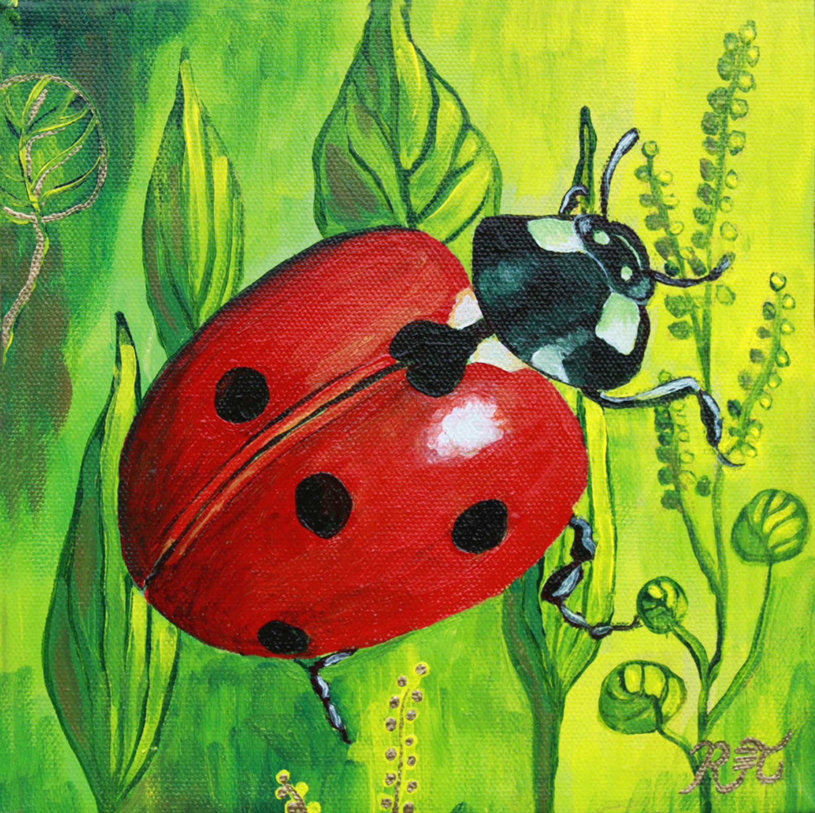 Ladybug & Leaves GREETING CARD insect art ladybug art | Etsy