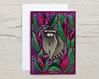 Racoon & Skunk Cabbage GREETING CARD - flower wall art, floral art print, botanical illustration, folk art, wildlife art