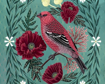 Pine Grosbeak and Poppies Print – wildlife Illustration
