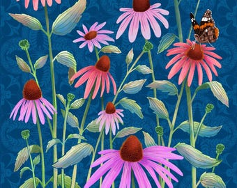 Coneflowers Art Print – Botanical Folk Art Illustration