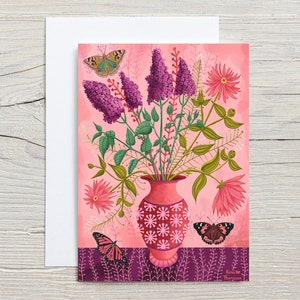 Butterflies, Zinnias & Lilacs GREETING CARD, flower wall art, floral art print, botanical illustration, still life