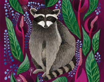 Racoon & Skunk Cabbage PRINT - flower wall art, floral art print, botanical illustration, folk art, wildlife art