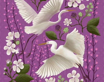 Egret with Blackberries and Coral Bells Print – wildlife Illustration