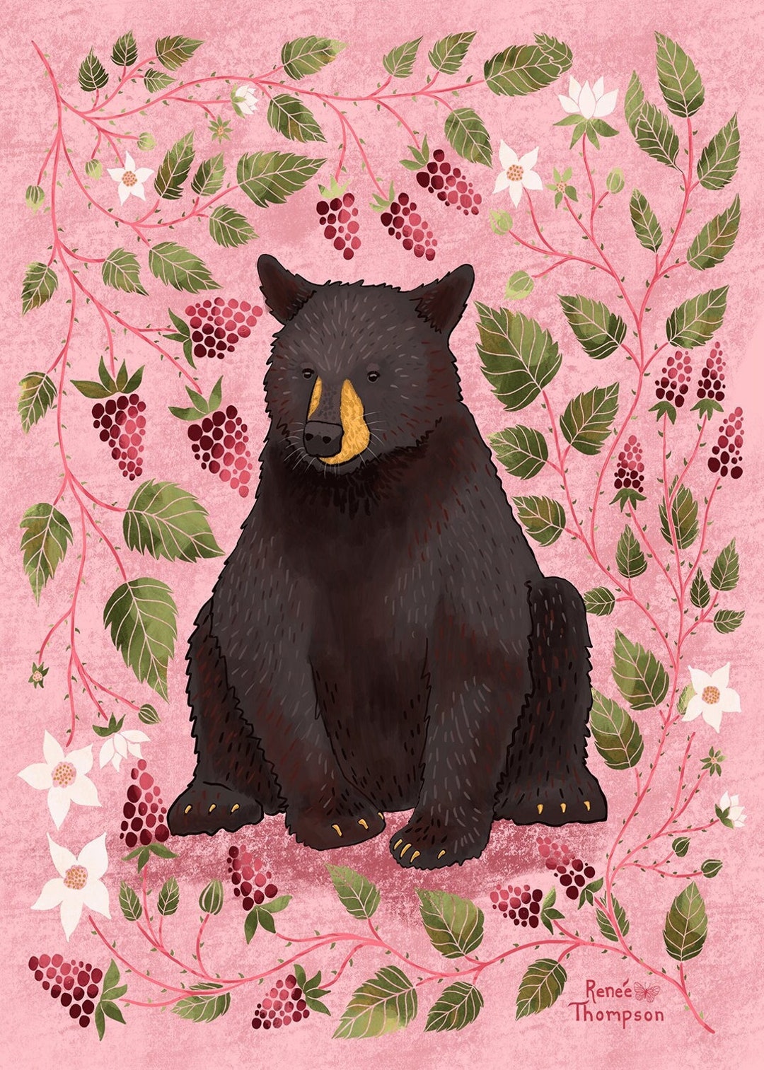 Black Bear & Blackberries ART PRINT Bear Wall Art, Bear Folk Art