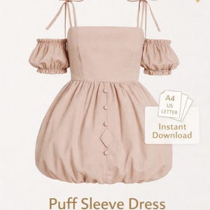 Bow Puff Mini Dress Sewing Pattern | A4 Printable PDF | Puff Sleeve Dress | Bubble Hem | Kimich Pattern | Instant Download