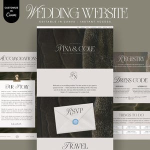 Puede incluir: Plantilla de sitio web de bodas con una paleta de colores neutros. El diseño incluye secciones para alojamiento, la historia de la pareja, RSVP, registro, código de vestimenta e información de viaje. Personalizable en Canva.