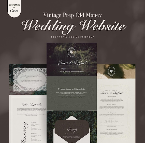 Vintage Prep Wedding Website Canva Template: Customizable Old Money (Digital Download)
