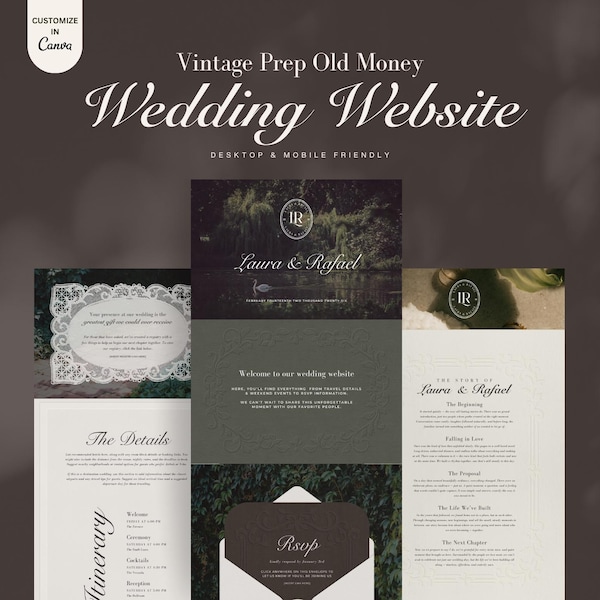 Vintage Prep Wedding Website Canva Template: Customizable Old Money (Digital Download)