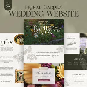 May include: A wedding website template with a floral garden theme. The design features the text "Floral Garden Wedding Website" and includes sections for "Our Story," "Itinerary," and "Additional Details." The website also includes the names "Daphne & Simon."