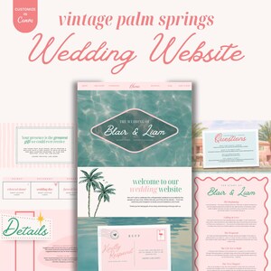 Könnte beinhalten: Ein Hochzeitswebsite-Design mit einem Vintage-Palm-Springs-Thema. Das Design verfügt über eine weiche rosa und türkis Farbpalette mit Elementen wie Palmen, einem rautenförmigen Logo und den Worten "Wedding Website" in einer Schreibschrift. Die Website enthält Abschnitte für Details, RSVP und die Geschichte des Paares.