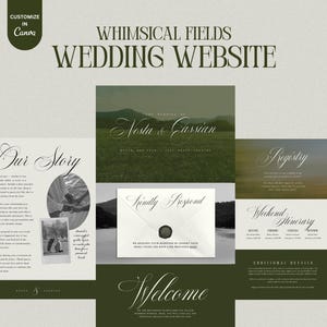 Könnte beinhalten: Ein Hochzeitswebsite-Design in Grün und Weiß. Der Entwurf enthält den Text "Whimsical Fields Wedding Website" und Abschnitte für "Our Story", "Registry" und "Weekend Itinerary". Anpassbar in Canva.