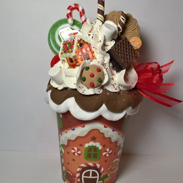 Holiday Faux Dessert in Decorative Paper Latte cup - Gingerbread - Candy cane - Buffalo Ribbon - decoration - Tier Tray- table top decor