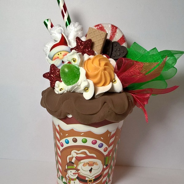 Holiday Faux Dessert in Decorative Paper Latte cup - Gingerbread - Candy cane - Buffalo Ribbon - decoration - Tier Tray- table top decor