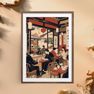 Vintage Japanese Cafe Scene Poster, Traditional Art Print, Asian Tea House Wall Decor, Ukiyo-e Style Artwork, Home Interior Decor,