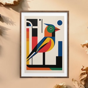 Mid Century Bauhaus Style Bird Design Colorful Indoor Outdoor Wall Art Decor, Home Office Bedroom Nursery, Holiday Gift, Wall, silk poster