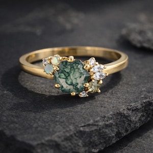 Bague agate mousse hexagonale, bague en grappe de diamants opale, bague de fiançailles en or délicate, cadeau inspiré de la nature