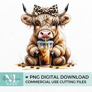 Coffee Addict Highland Cow PNG – Cute Fluffy Cow Clipart – Iced Coffee Lover Sublimation Design, Digital Download, T-Shirts, Mugs & Crafts