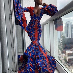 chinese dress ladies 2262 Off-Shoulder African Print Midi Dress with Flounce Hem  Assorted Prints Print 42 / One Size Fits Most