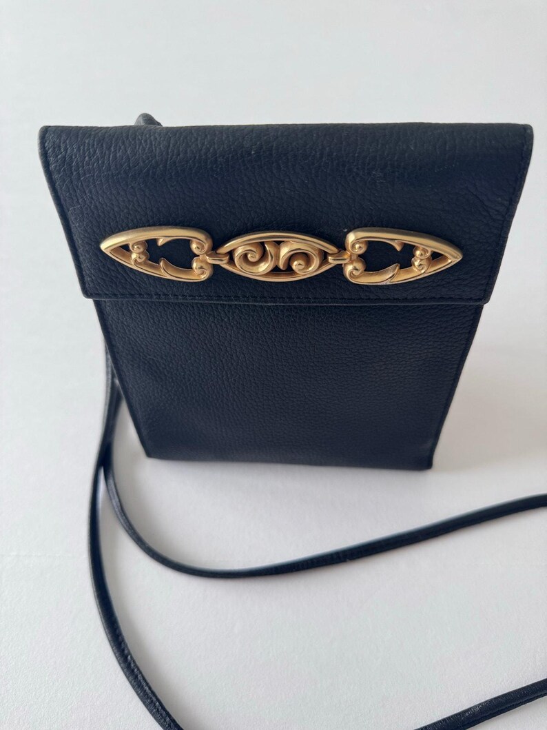 Brighton One World Crossbody Bag Women Black Leather Gold Scroll Hardware image 2