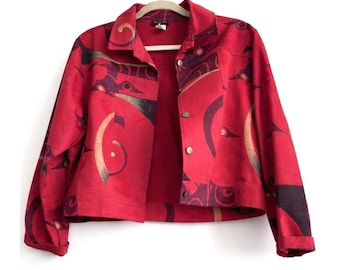 Retro Sharon Endick Kate Jacket Large Red Abstract Print Vintage 90s Cropped