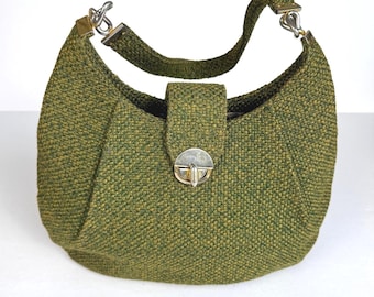 Vintage Woven Gold/Green Texture Tweed Style Crescent Shoulder Bag