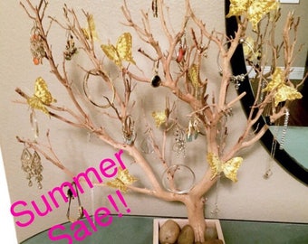 24" Sandblasted Jewelry Tree Organizer with gold Sparkle and Gold Butterflies